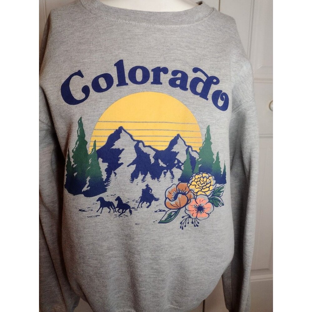 Wound Up Colorado Juniors Graphic Sweatshirt Size S Gray Western Horses Mountain - Picture 2 of 7